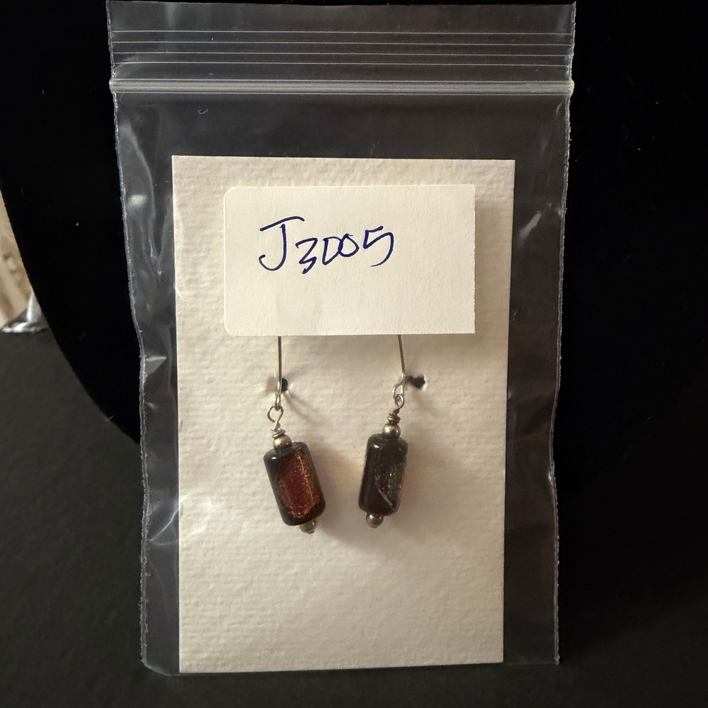 Dichroic Glass Bead Drop‎ Earrings Iridescent blk copper Cylinder Stephanie Aune - Picture 3 of 5